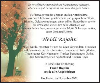 Traueranzeige von Heidi Rojahn von Thüringer Allgemeine, Thüringische Landeszeitung
