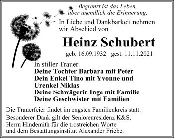 Traueranzeige von Heinz Schubert von Thüringer Allgemeine, Thüringische Landeszeitung