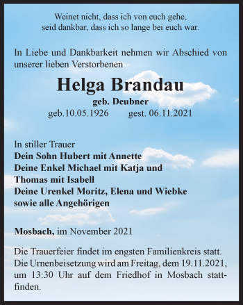 Traueranzeige von Helga Brandau von Thüringer Allgemeine, Thüringische Landeszeitung