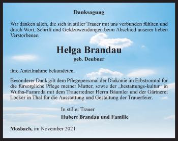 Traueranzeige von Helga Brandau von Thüringer Allgemeine, Thüringische Landeszeitung