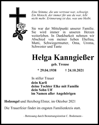 Traueranzeige von Helga Kanngießer