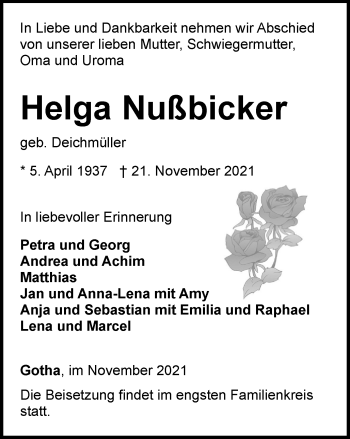 Traueranzeige von Helga Nußbicker