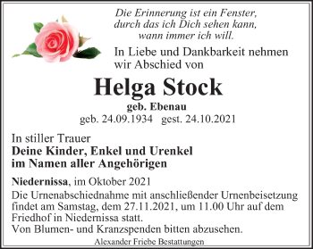 Traueranzeige von Helga Stock von Thüringer Allgemeine, Thüringische Landeszeitung