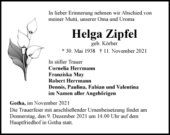 Traueranzeige von Helga Zipfel