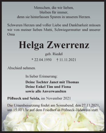 Traueranzeige von Helga Zwerrenz von Ostthüringer Zeitung