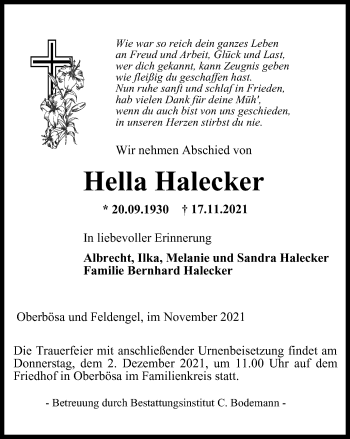 Traueranzeige von Hella Halecker