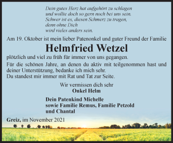 Traueranzeige von Helmfried Wetzel von Ostthüringer Zeitung