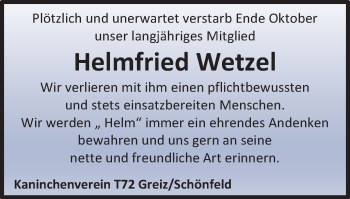 Traueranzeige von Helmfried Wetzel von Ostthüringer Zeitung