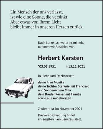 Traueranzeige von Herbert Karsten von Ostthüringer Zeitung