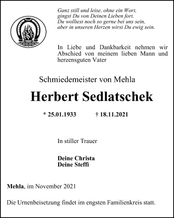 Traueranzeige von Herbert Sedlatschek von Ostthüringer Zeitung