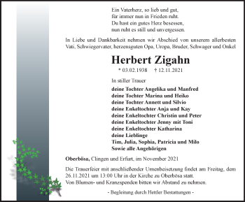 Traueranzeige von Herbert Zigahn von Thüringer Allgemeine