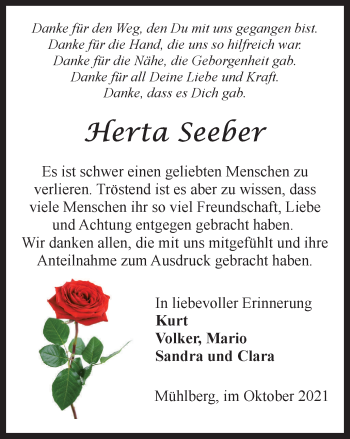 Traueranzeige von Herta Seeber von Thüringer Allgemeine, Thüringische Landeszeitung