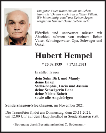 Traueranzeige von Hubert Hempel