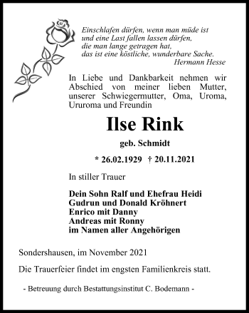 Traueranzeige von Ilse Rink