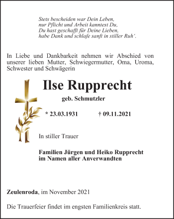 Traueranzeige von Ilse Rupprecht von Ostthüringer Zeitung