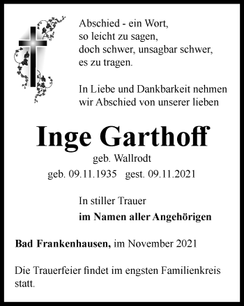 Traueranzeige von Inge Garthoff von Thüringer Allgemeine