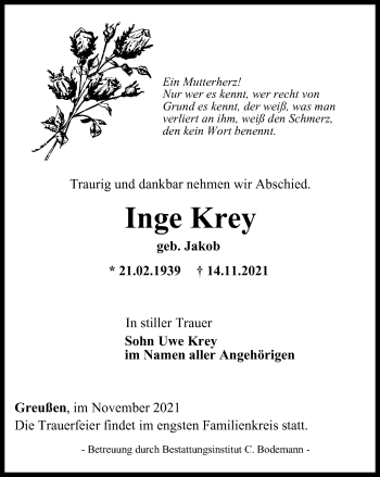 Traueranzeige von Inge Krey