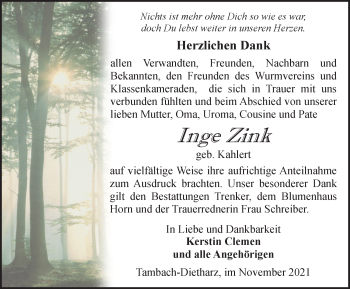 Traueranzeige von Inge Zink von Thüringer Allgemeine, Thüringische Landeszeitung