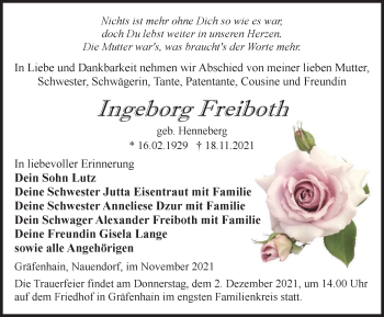 Traueranzeige von Ingeborg Freiboth von Thüringer Allgemeine, Thüringische Landeszeitung