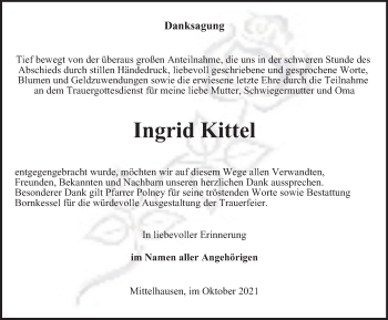 Traueranzeige von Ingrid Kittel von Thüringer Allgemeine, Thüringische Landeszeitung