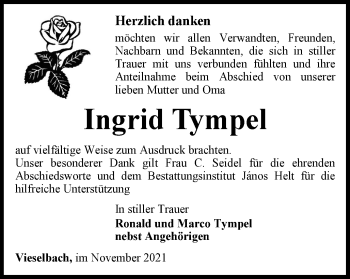 Traueranzeige von Ingrid Tympel von Thüringer Allgemeine, Thüringische Landeszeitung