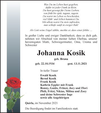 Traueranzeige von Johanna Kosik von Ostthüringer Zeitung