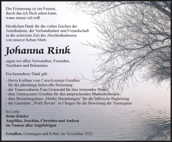 Traueranzeige von Johanna Rink von Thüringer Allgemeine