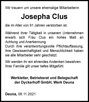 Traueranzeige von Josepha Clus von Thüringer Allgemeine