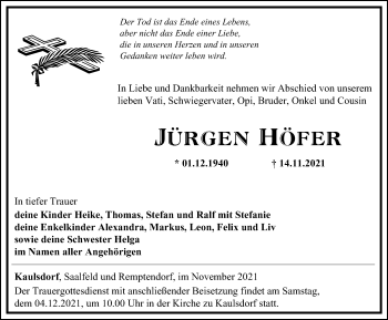 Traueranzeige von Jürgen Höfer von Ostthüringer Zeitung