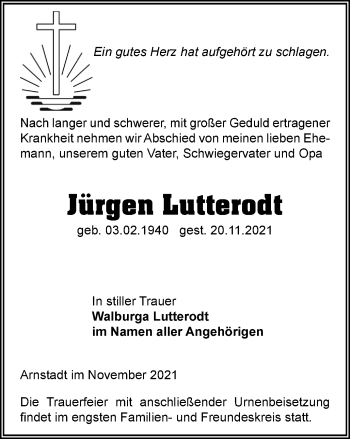 Traueranzeige von Jürgen Lutterodt von Thüringer Allgemeine