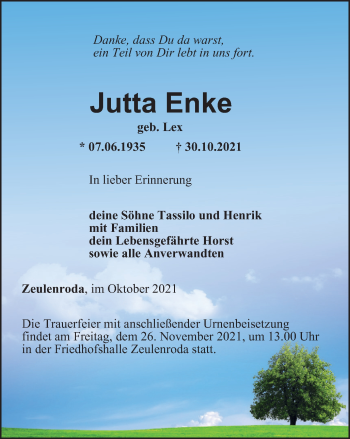 Traueranzeige von Jutta Enke von Ostthüringer Zeitung