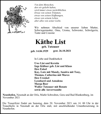 Traueranzeige von Käthe List