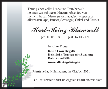 Traueranzeige von Karl-Heinz Blumrodt von Thüringer Allgemeine, Thüringische Landeszeitung