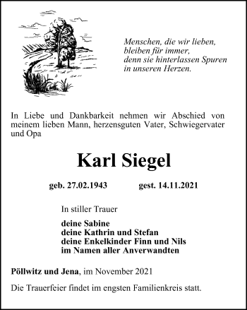 Traueranzeige von Karl Siegel von Ostthüringer Zeitung