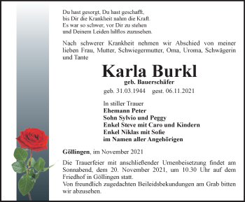 Traueranzeige von Karla Burkl von Thüringer Allgemeine