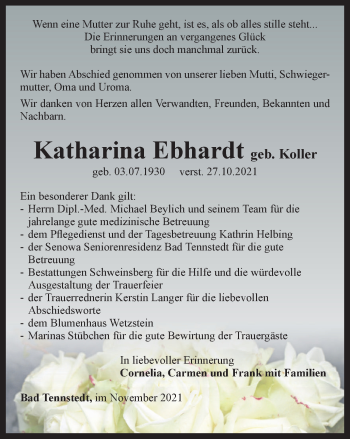 Traueranzeige von Katharina Ebhardt von Thüringer Allgemeine, Thüringische Landeszeitung