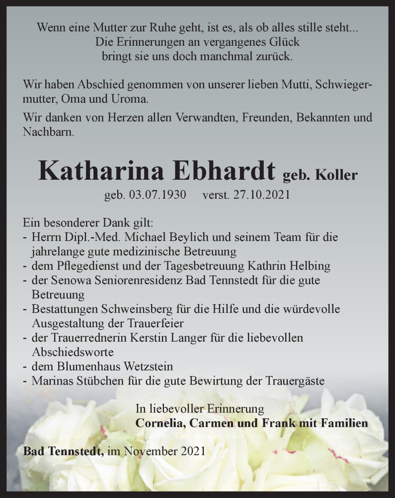  Traueranzeige für Katharina Ebhardt vom 19.11.2021 aus Thüringer Allgemeine, Thüringische Landeszeitung