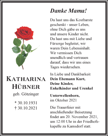 Traueranzeige von Katharina Hübner von Ostthüringer Zeitung