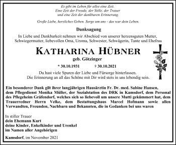 Traueranzeige von Katharina Hübner von Ostthüringer Zeitung