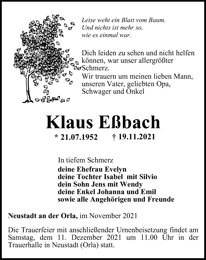  Traueranzeige für Klaus Eßbach vom 27.11.2021 aus Ostthüringer Zeitung