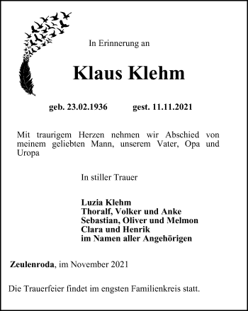 Traueranzeige von Klaus Klehm von Ostthüringer Zeitung