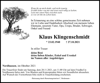 Traueranzeige von Klaus Klingenschmidt