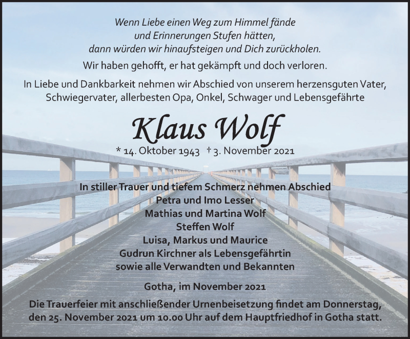  Traueranzeige für Klaus Wolf vom 13.11.2021 aus Thüringer Allgemeine, Thüringische Landeszeitung