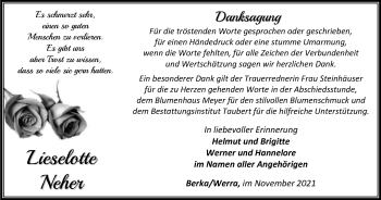 Traueranzeige von Lieselotte Neher von Thüringer Allgemeine, Thüringische Landeszeitung