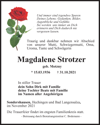 Traueranzeige von Magdalene Strotzer