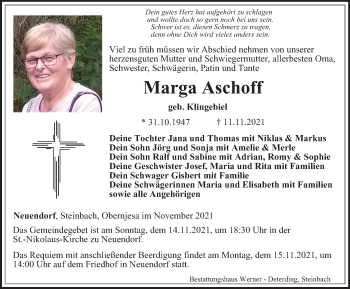 Traueranzeige von Marga Aschoff von Thüringer Allgemeine