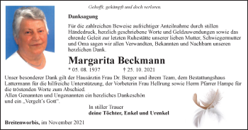 Traueranzeige von Margarita Beckmann von Thüringer Allgemeine