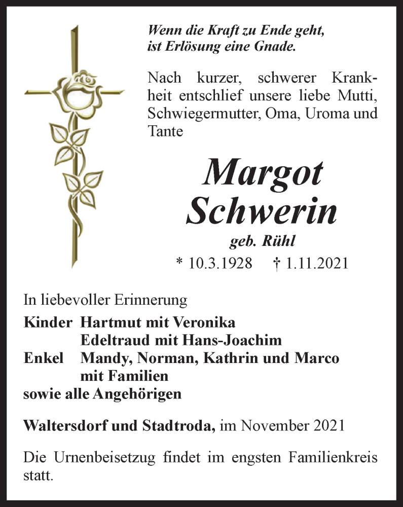 Traueranzeige für Margot Schwerin vom 06.11.2021 aus Ostthüringer Zeitung