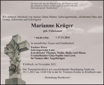 Traueranzeige von Marianne Krüger von Thüringer Allgemeine, Thüringische Landeszeitung