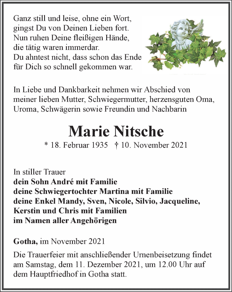  Traueranzeige für Marie Nitsche vom 13.11.2021 aus Thüringer Allgemeine, Thüringische Landeszeitung